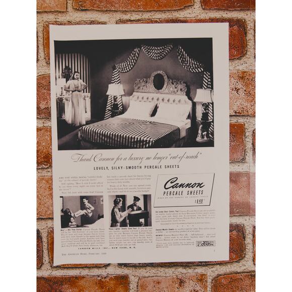 1940 Vintage Cannon Percale Sheets Print Ad Elegant Black & White Bedroom Decor - Picture 9 of 10